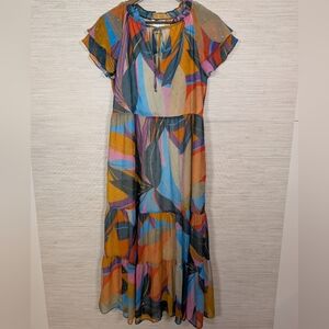 Lavender Brown Tiered Multicolor Colorful Printed  Maxi Dress Small Pockets